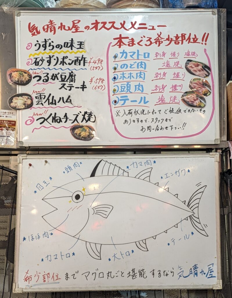 その日のおすすめメニューとまぐろの部位説明図